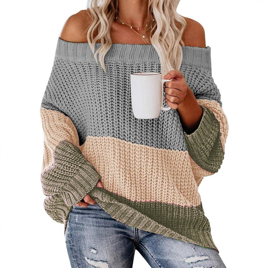 Damernas avslappnade grovstickad tröja med off-shoulder design och dekorativ färgkombination Mirla-Eva Jonsson