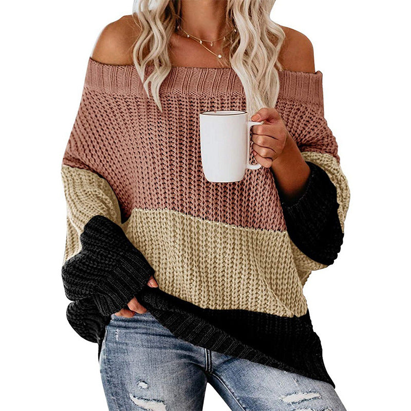 Damernas avslappnade grovstickad tröja med off-shoulder design och dekorativ färgkombination Mirla-Eva Jonsson