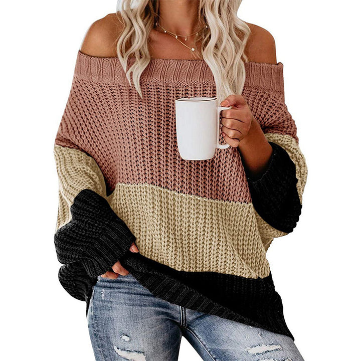 Damernas avslappnade grovstickad tröja med off-shoulder design och dekorativ färgkombination Mirla-Eva Jonsson