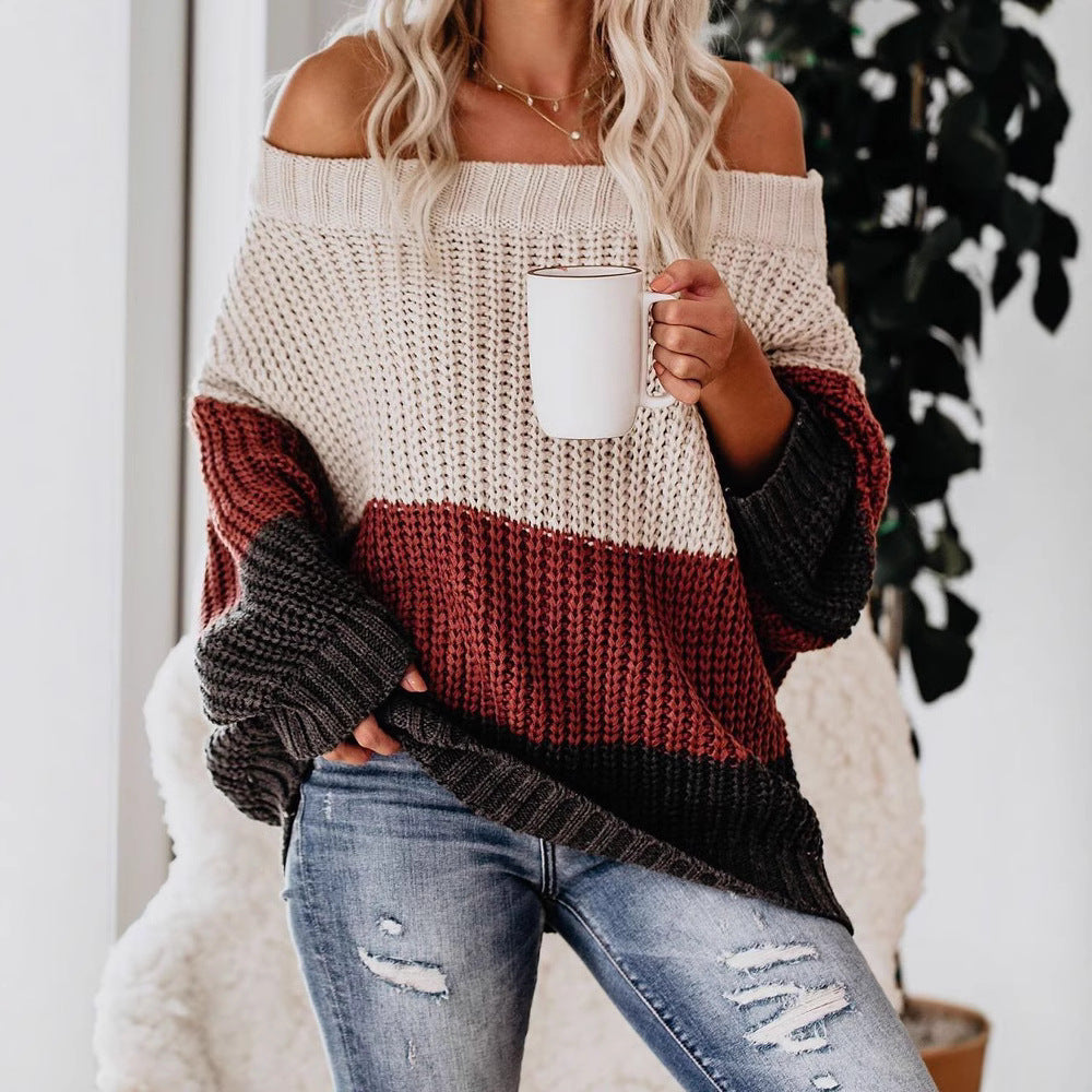 Damernas avslappnade grovstickad tröja med off-shoulder design och dekorativ färgkombination Mirla-Eva Jonsson