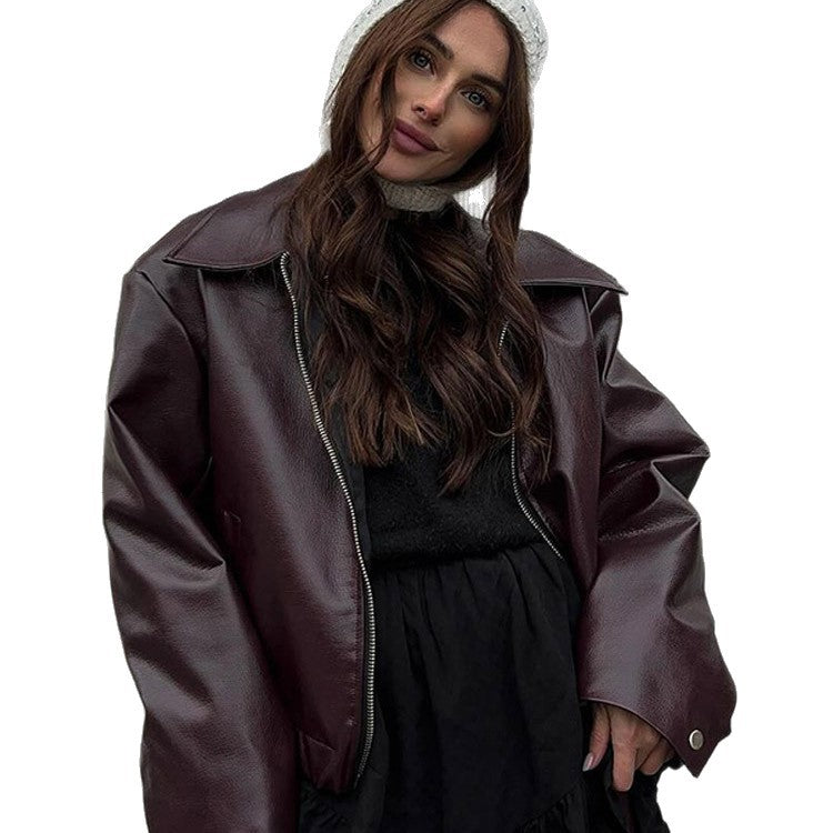 Damernas avslappnade läderjacka med oversized passform och praktiska fickor Eva Jonsson-Eva Jonsson