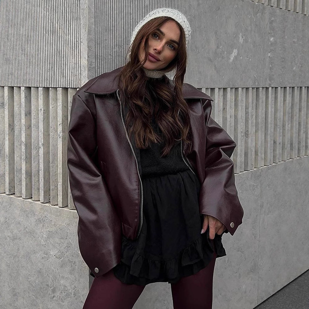 Damernas avslappnade läderjacka med oversized passform och praktiska fickor Eva Jonsson-Eva Jonsson