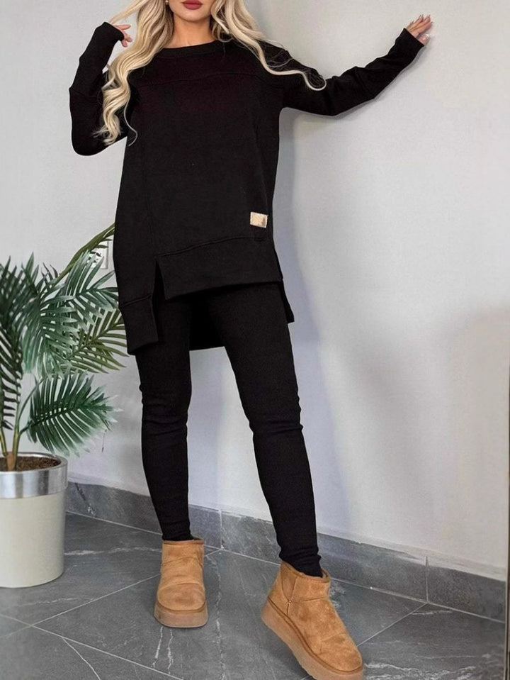 Damernas avslappnade långärmad sweatshirt-set med asymmetrisk skärning och praktiska fickor Eva Jonsson-Eva Jonsson