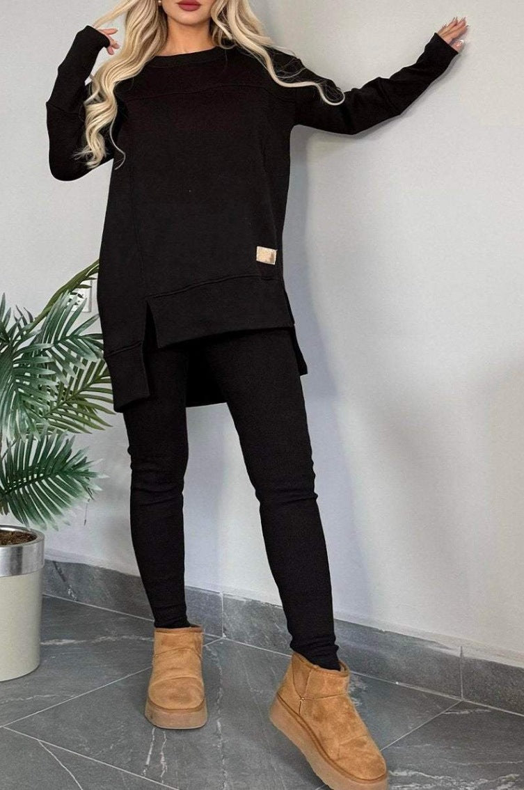 Damernas avslappnade långärmad sweatshirt-set med asymmetrisk skärning och praktiska fickor Eva Jonsson-Eva Jonsson