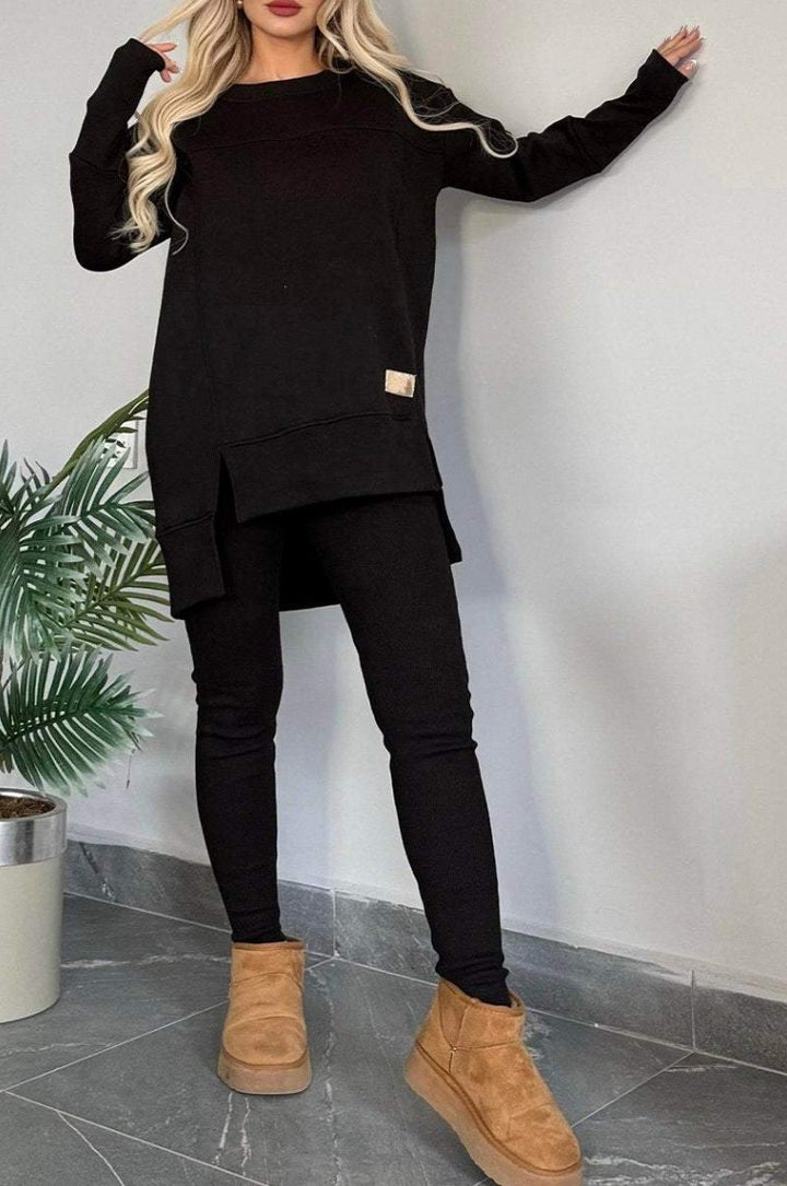Damernas avslappnade långärmad sweatshirt-set med asymmetrisk skärning och praktiska fickor Eva Jonsson-Eva Jonsson