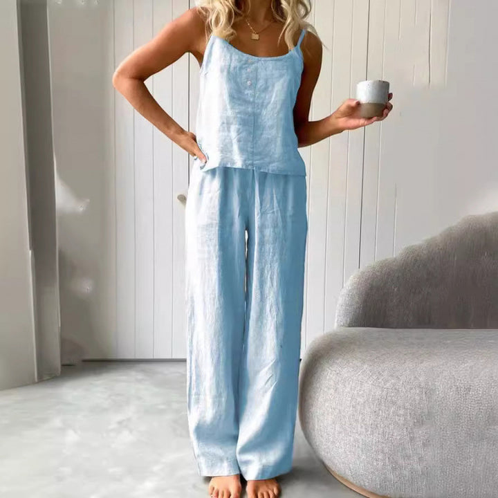 Damernas avslappnade linne-set med bandeau-blus och vida byxor Eva Jonsson-Eva Jonsson