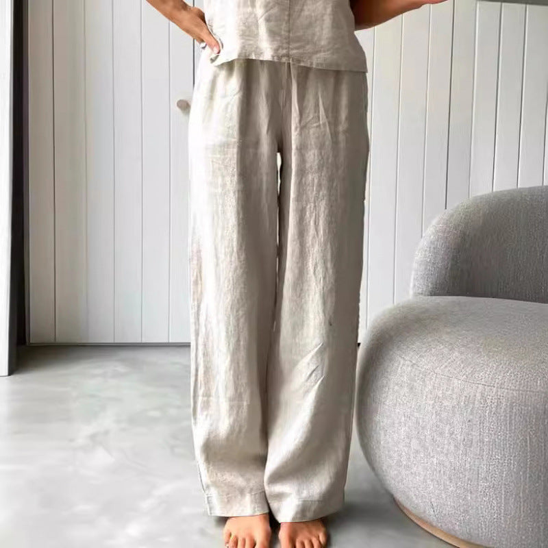 Damernas avslappnade linne-set med bandeau-blus och vida byxor Eva Jonsson-Eva Jonsson