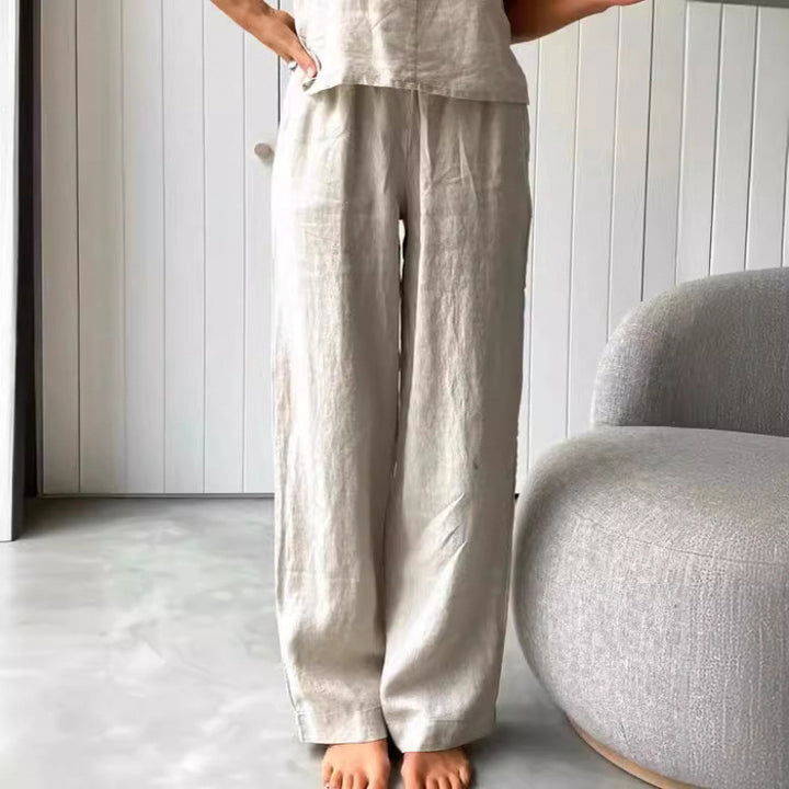 Damernas avslappnade linne-set med bandeau-blus och vida byxor Eva Jonsson-Eva Jonsson