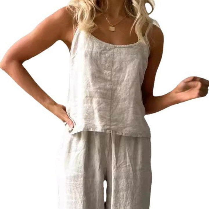 Damernas avslappnade linne-set med bandeau-blus och vida byxor Eva Jonsson-Eva Jonsson