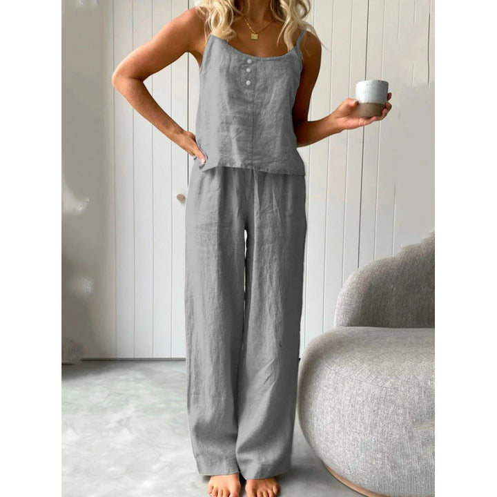Damernas avslappnade linne-set med bandeau-blus och vida byxor Eva Jonsson-Eva Jonsson