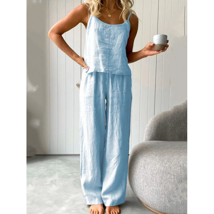 Damernas avslappnade linne-set med bandeau-blus och vida byxor Eva Jonsson-Eva Jonsson