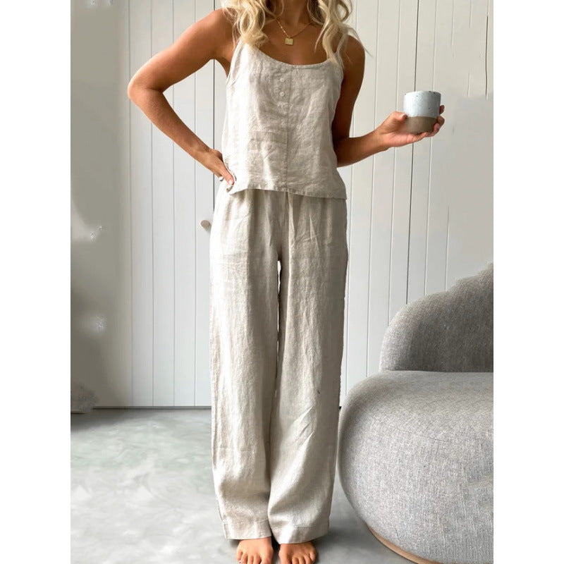 Damernas avslappnade linne-set med bandeau-blus och vida byxor Eva Jonsson-Eva Jonsson