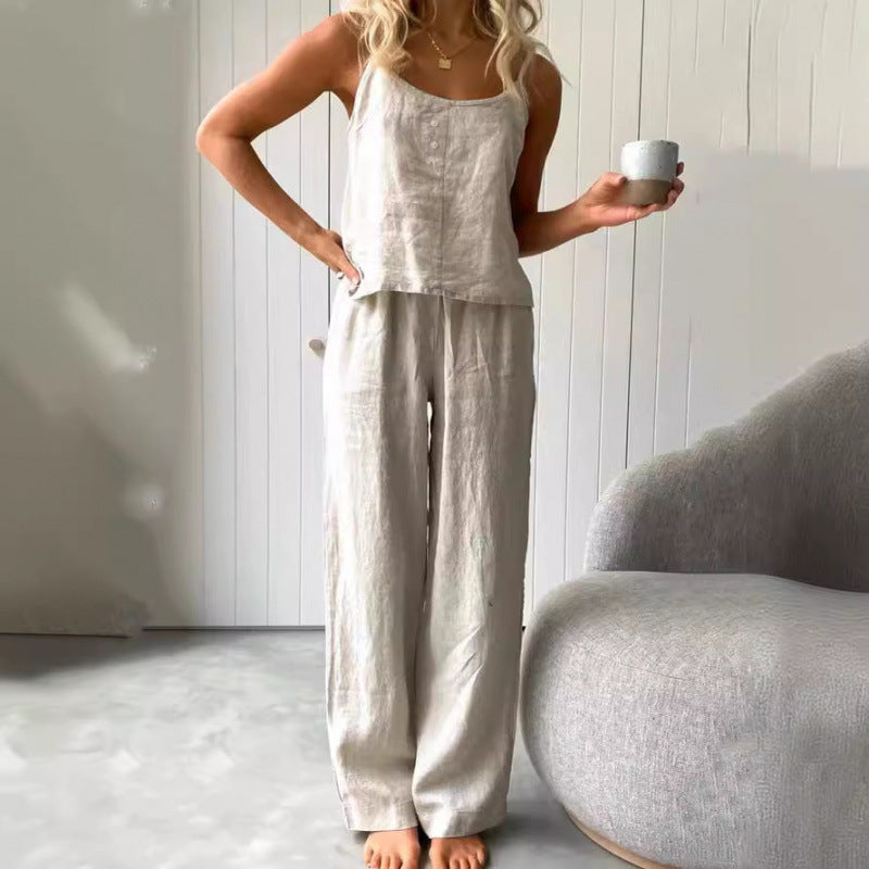 Damernas avslappnade linne-set med bandeau-blus och vida byxor Eva Jonsson-Eva Jonsson
