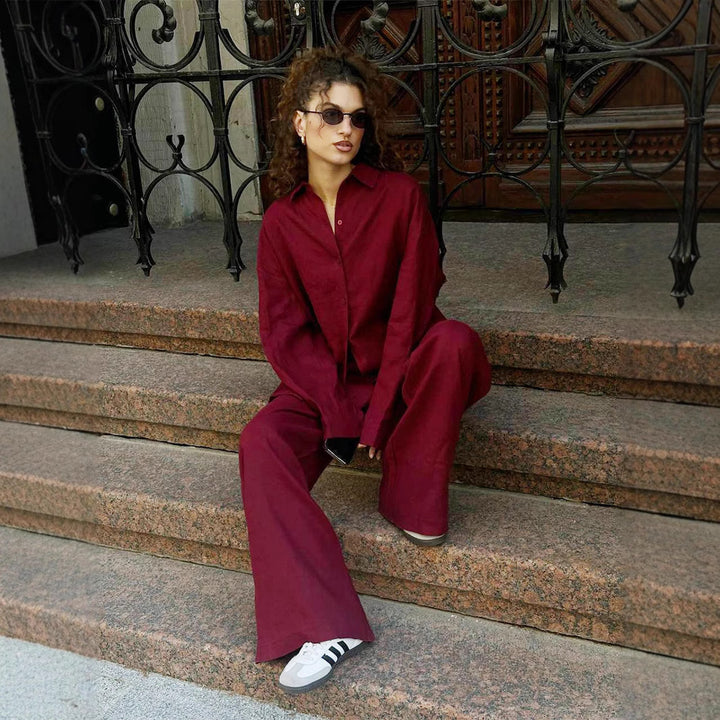 Damernas avslappnade linne-set med lös passform och elastisk midja Eva Jonsson-Eva Jonsson