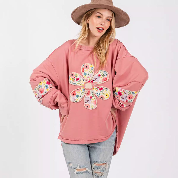 Damernas avslappnade oversize-tröja med blommigt applikationsdesign Eva Jonsson-Eva Jonsson