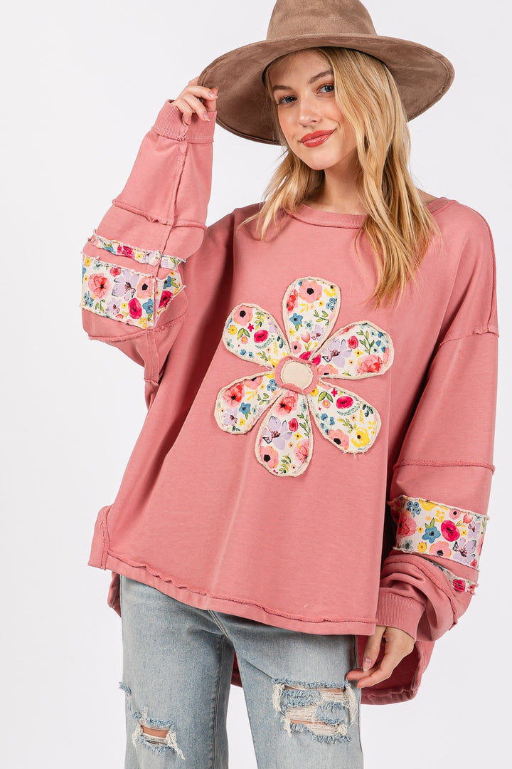 Damernas avslappnade oversize-tröja med blommigt applikationsdesign Eva Jonsson-Eva Jonsson