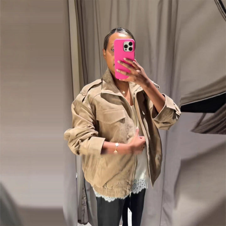 Damernas avslappnade oversized jacka i mocka Mirla-Eva Jonsson