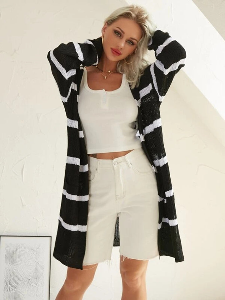 Damernas avslappnade stickad cardigan med randig design och öppna framsidor Eva Jonsson-Eva Jonsson
