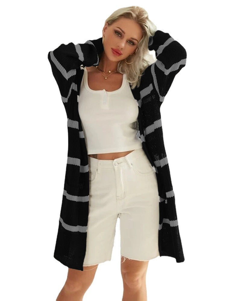 Damernas avslappnade stickad cardigan med randig design och öppna framsidor Eva Jonsson-Eva Jonsson