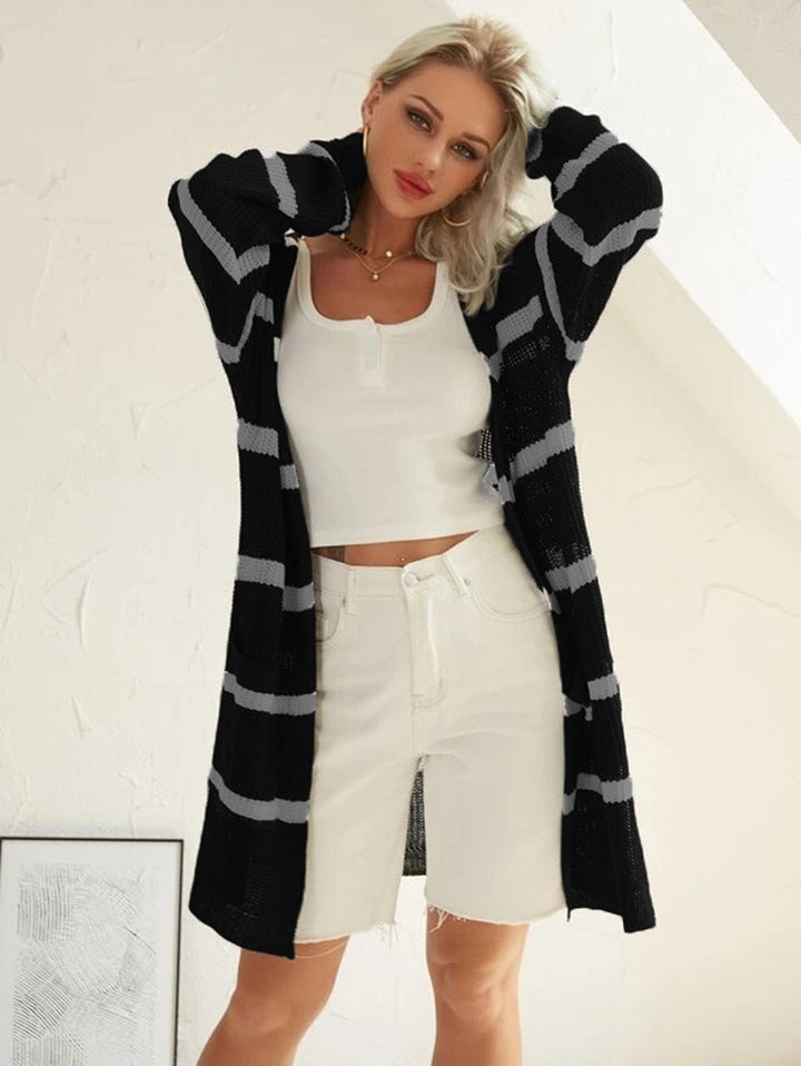 Damernas avslappnade stickad cardigan med randig design och öppna framsidor Eva Jonsson-Eva Jonsson