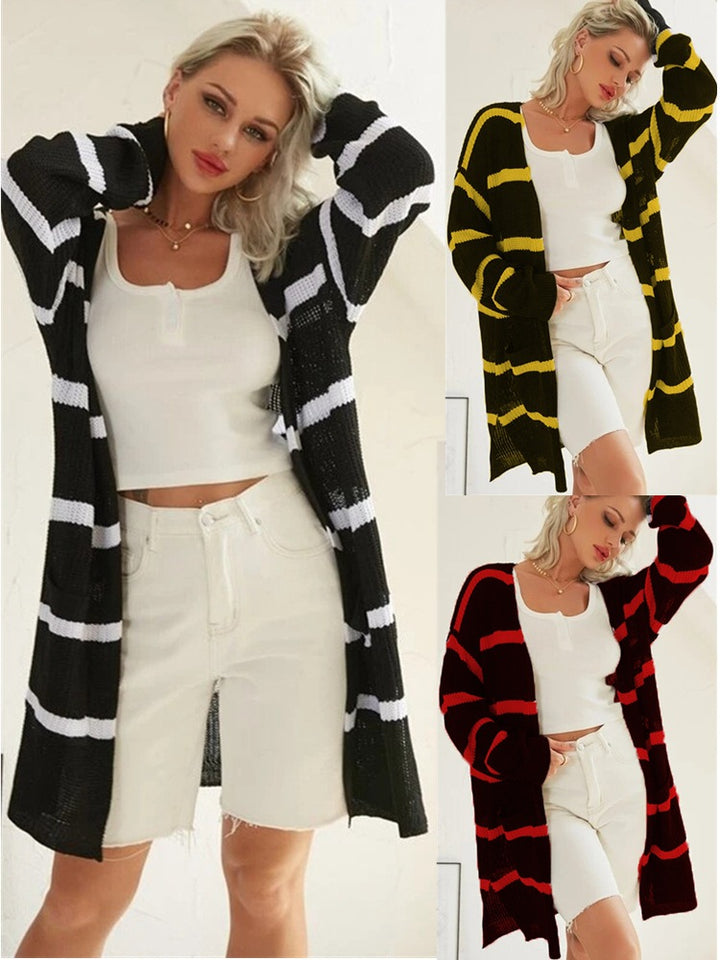 Damernas avslappnade stickad cardigan med randig design och öppna framsidor Eva Jonsson-Eva Jonsson
