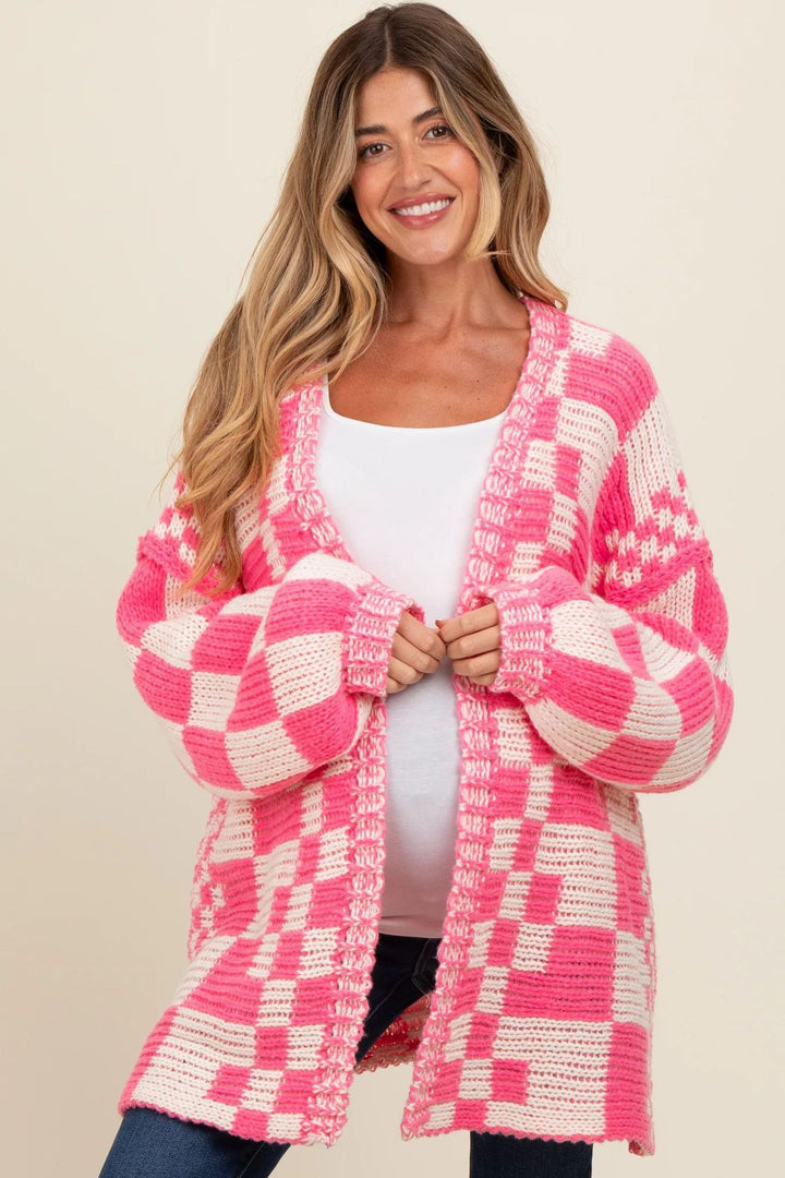Damernas avslappnade stickad cardigan med rutigt mönster och oversized skärning Eva Jonsson-Eva Jonsson