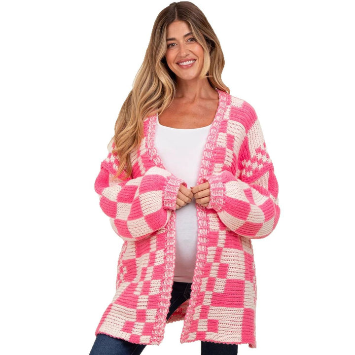Damernas avslappnade stickad cardigan med rutigt mönster och oversized skärning Eva Jonsson-Eva Jonsson