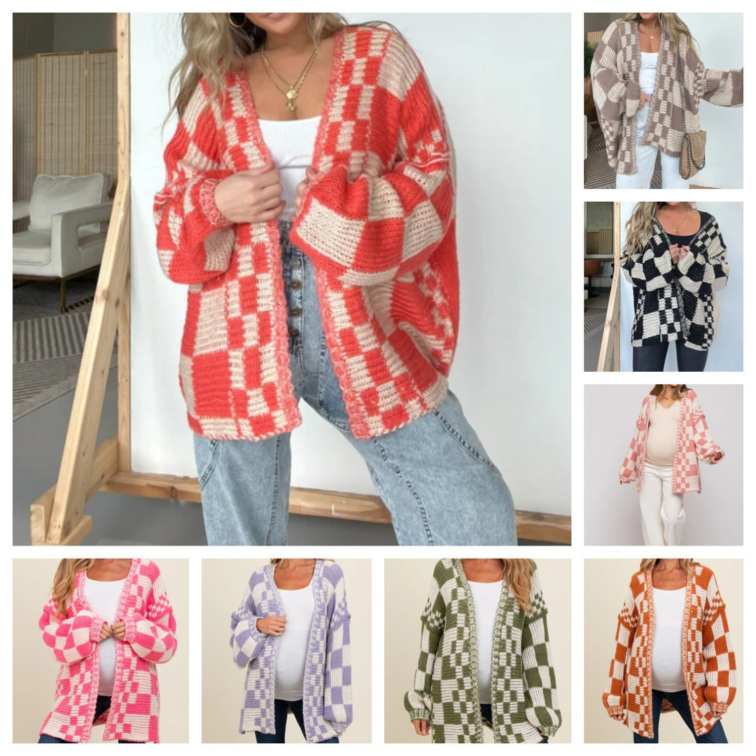 Damernas avslappnade stickad cardigan med rutigt mönster och oversized skärning Eva Jonsson-Eva Jonsson