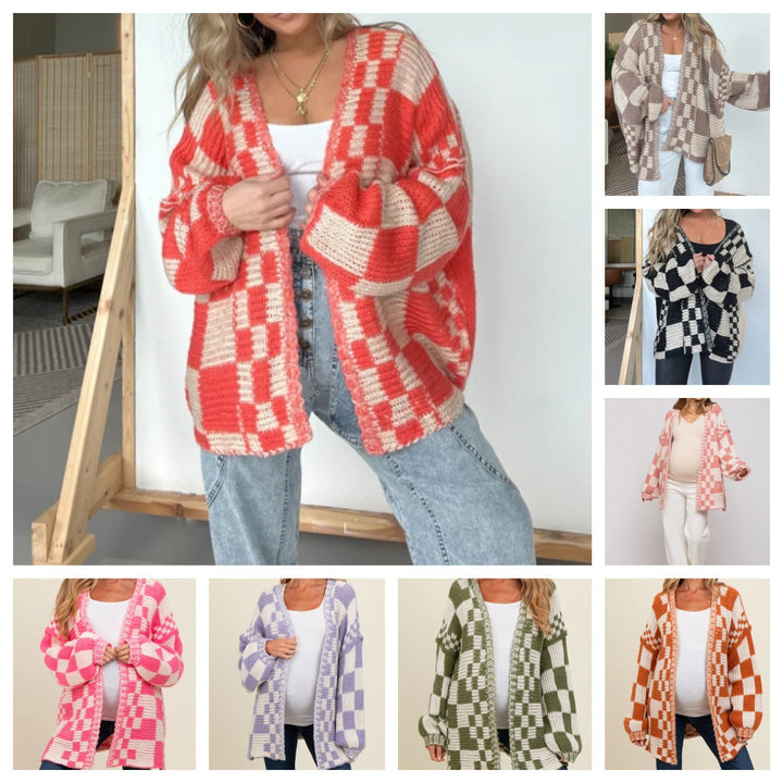 Damernas avslappnade stickad cardigan med rutigt mönster och oversized skärning Eva Jonsson-Eva Jonsson