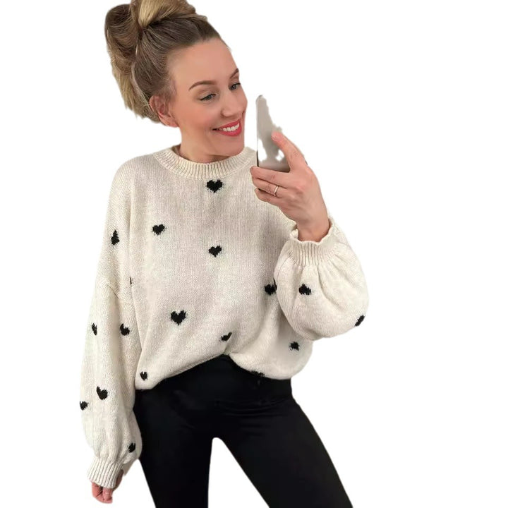 Damernas avslappnade stickad tröja med hjärtformade mönster och korta ärmar Eva Jonsson-Eva Jonsson