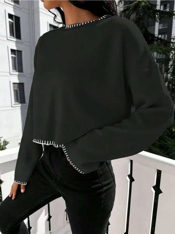 Damernas avslappnade stickad tröja med kontrasterande sömmar och cropped skärning Eva Jonsson-Eva Jonsson