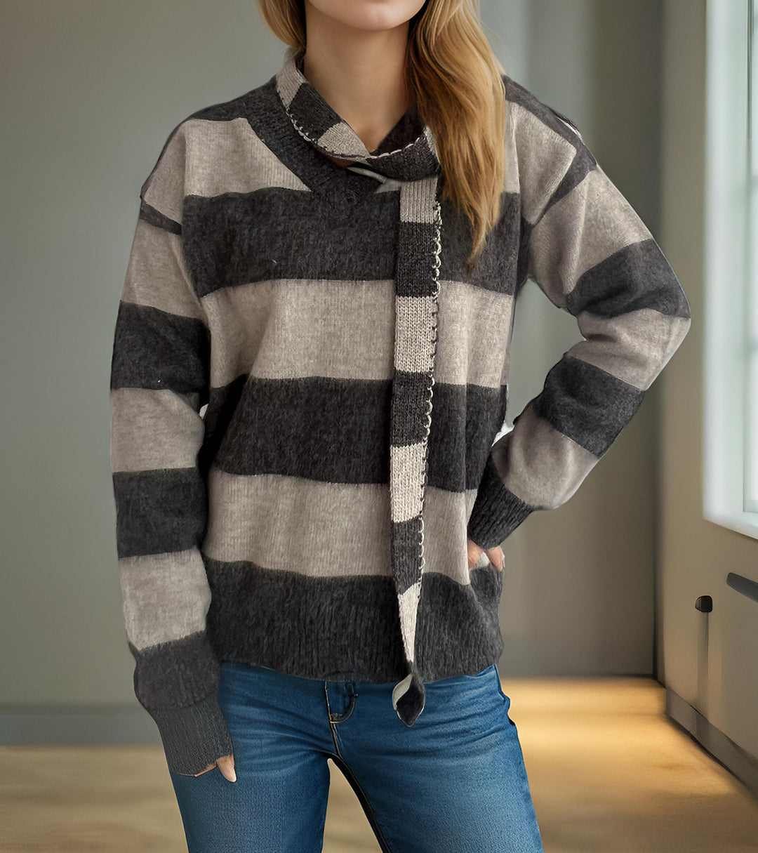 Damernas avslappnade stickad tröja med modernt randmönster och dekorativ scarf Mirla-Eva Jonsson