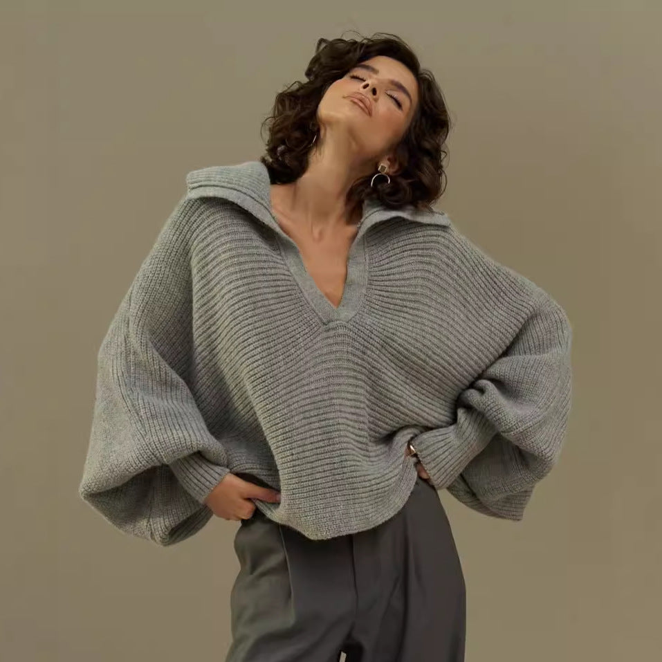 Damernas avslappnade stickad tröja med oversized krage Mirla-Eva Jonsson