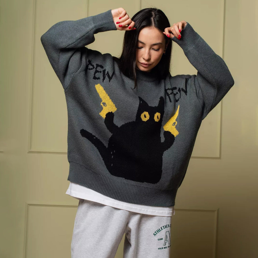 Damernas avslappnade stickad tröja med unik kattdesign och grafisk tryck Mirla-Eva Jonsson
