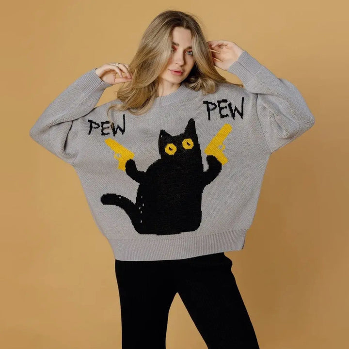 Damernas avslappnade stickad tröja med unik kattdesign och grafisk tryck Mirla-Eva Jonsson
