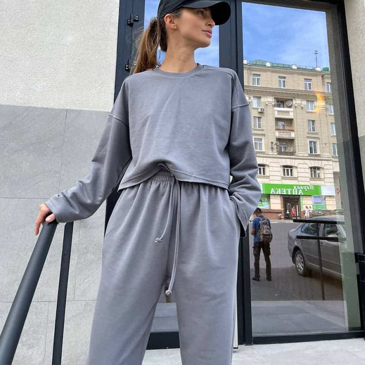 Damernas avslappnade träningsdräkt med hög midja och elastisk midja-Eva Jonsson