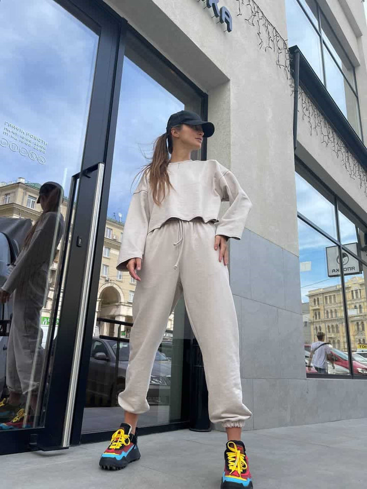 Damernas avslappnade träningsdräkt med hög midja och elastisk midja-Eva Jonsson