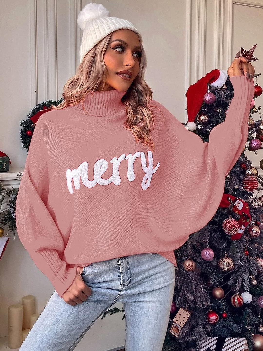Damernas avslappnade tröja med hög krage och julmotiv Mirla-Eva Jonsson