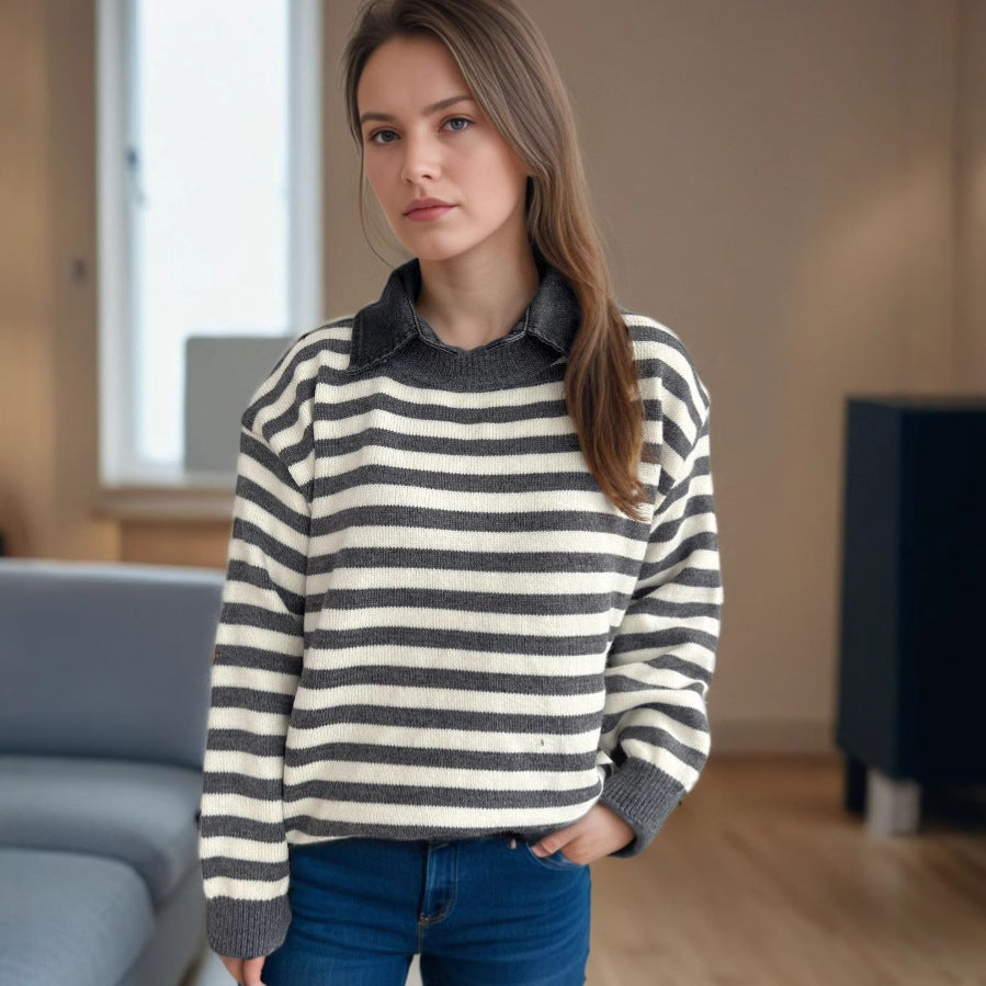 Damernas avslappnade tröja med strukturellt randmönster och moderiktig krage Mirla-Eva Jonsson