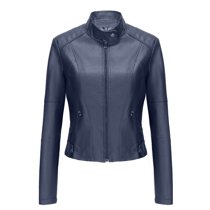 Damernas biker-läderjacka med asymmetrisk dragkedja och modern ståkrage Mirla-Eva Jonsson