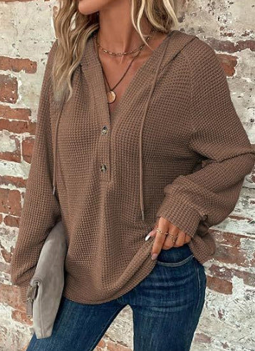 Damernas casual hoodie med knappdetaljer och strukturerad väv Eva Jonsson-Eva Jonsson