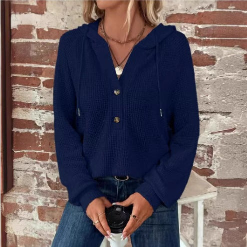 Damernas casual hoodie med knappdetaljer och strukturerad väv Eva Jonsson-Eva Jonsson