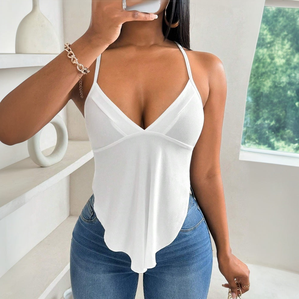 Damernas chic spaghetti strap topp med V-ringning och asymmetrisk fåll Mirla-Eva Jonsson