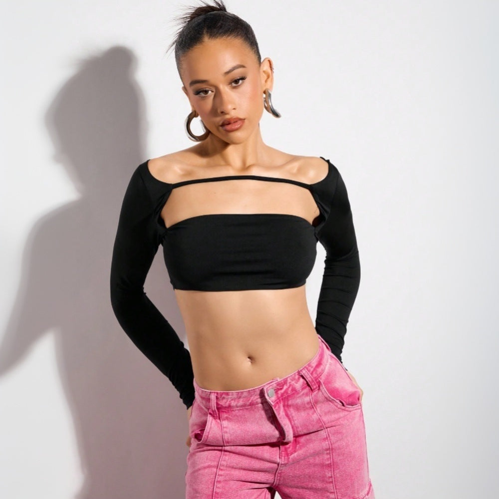 Damernas crop top med asymmetrisk skärning och långa ärmar Mirla-Eva Jonsson