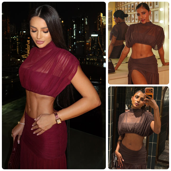 Damernas crop top och maxi kjol set med transparenta element-Eva Jonsson