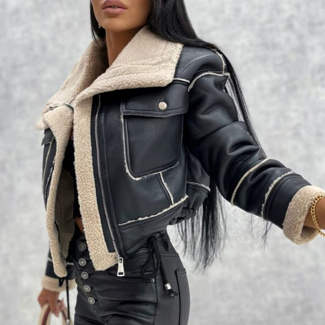 Damernas cropped bikerjacka med lammull Eva Jonsson-Eva Jonsson