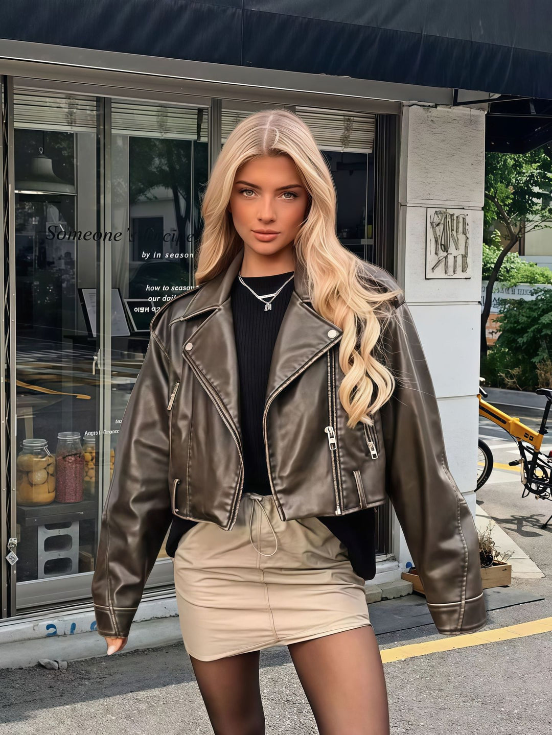 Damernas cropped konstläderjacka med asymmetrisk dragkedja och mjukt innerfoder Mirla-Eva Jonsson