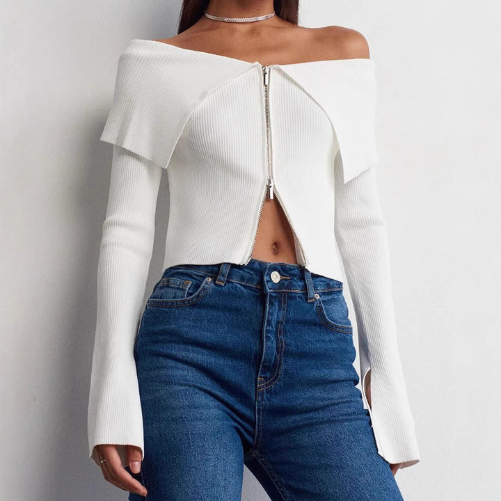 Damernas cropped topp med vid utskärning och dragkedja Mirla-Eva Jonsson