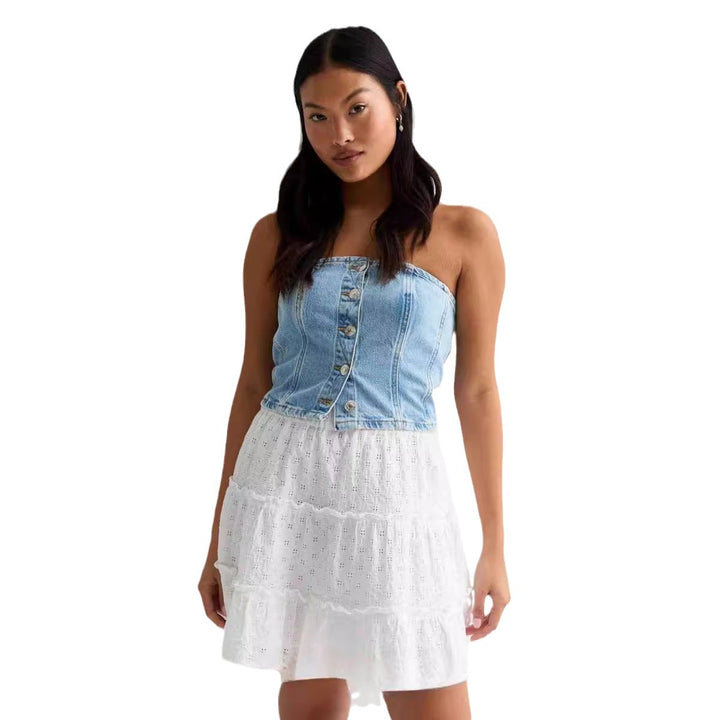 Damernas denim-crop-top med romantisk volangtröja Mirla-Eva Jonsson