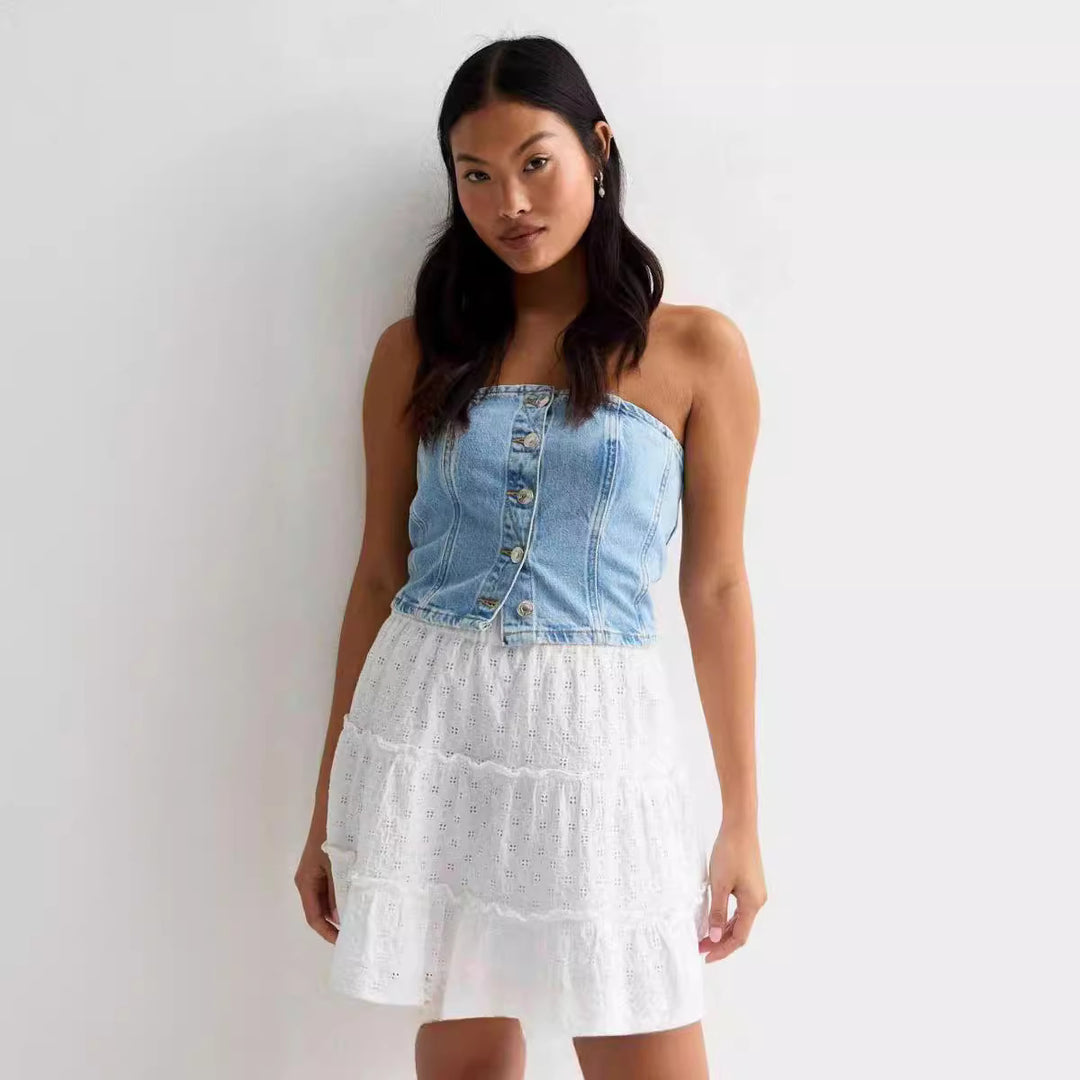 Damernas denim-crop-top med romantisk volangtröja Mirla-Eva Jonsson